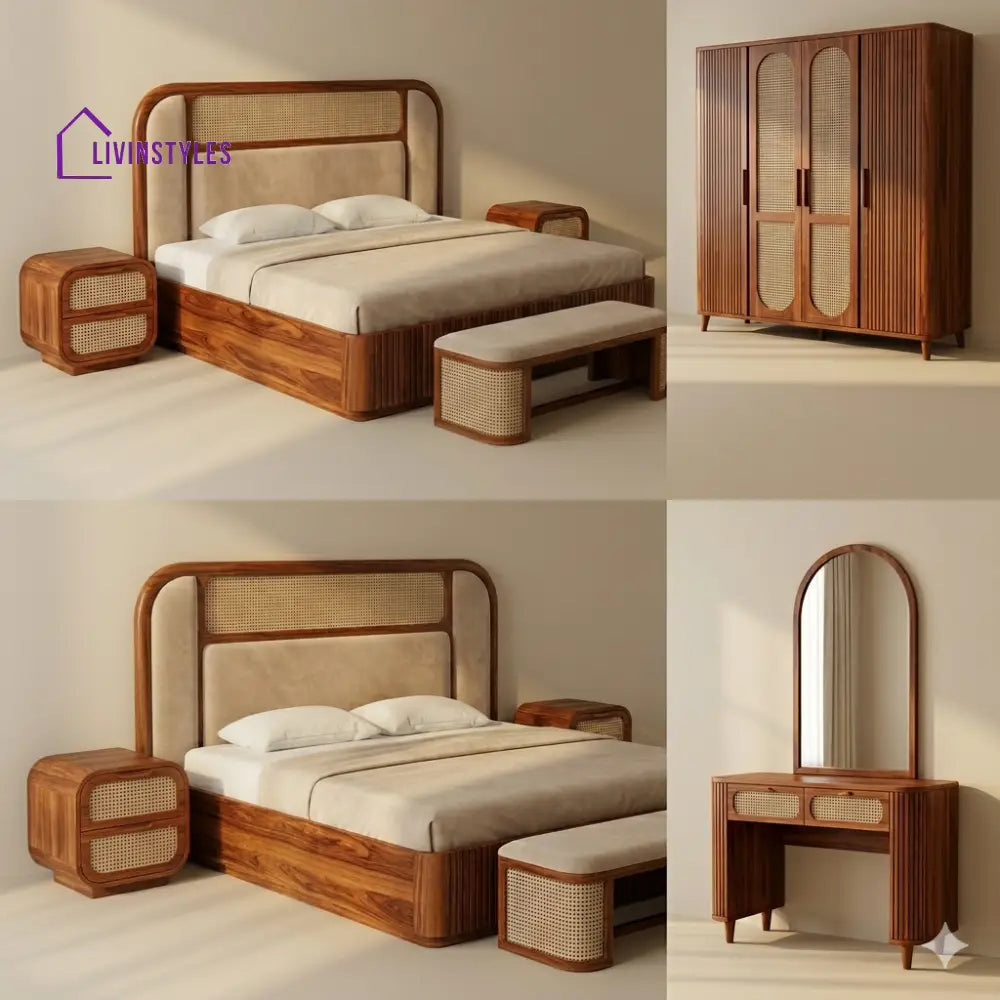 Jyoti Solid Sheesham Wood Bedroom Set with Bed Bedside Tables Bench Wardrobe & Dresser