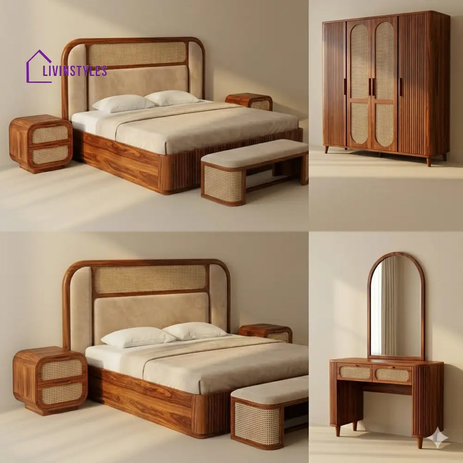 Jyoti Solid Sheesham Wood Bedroom Set with Bed Bedside Tables Bench Wardrobe & Dresser