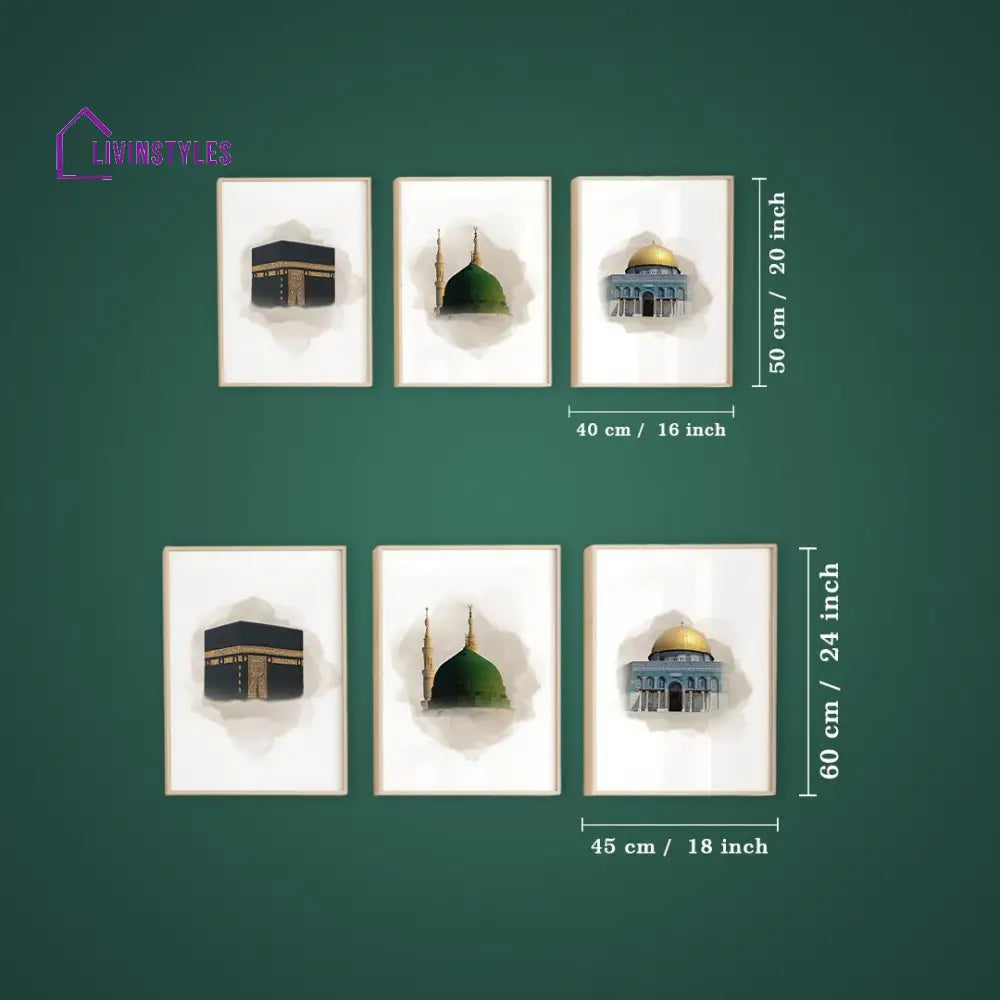 Kaaba Mecca Masjid an-Nabawi Medina Al Aqsa Islamic Canvas Wall Painting Set of 3