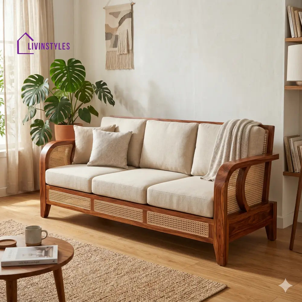 Kabir Sheesham Wood and Cane Sofa for Living Room