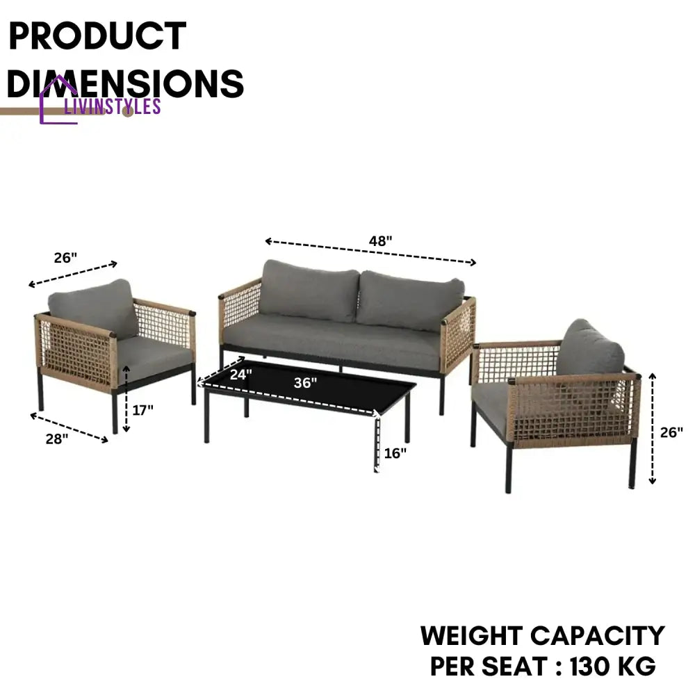 Kaia Outdoor Rope 4 Piece Sofa Set (Beige & Grey) - Sofa Set