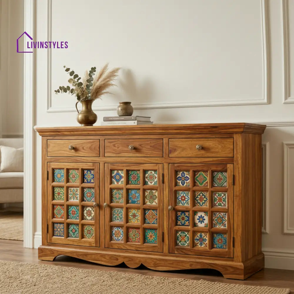 Kaitlyn Boho Sheesham Wood Storage Cabinet Sideboard With Three Drawers (Honey Finish)