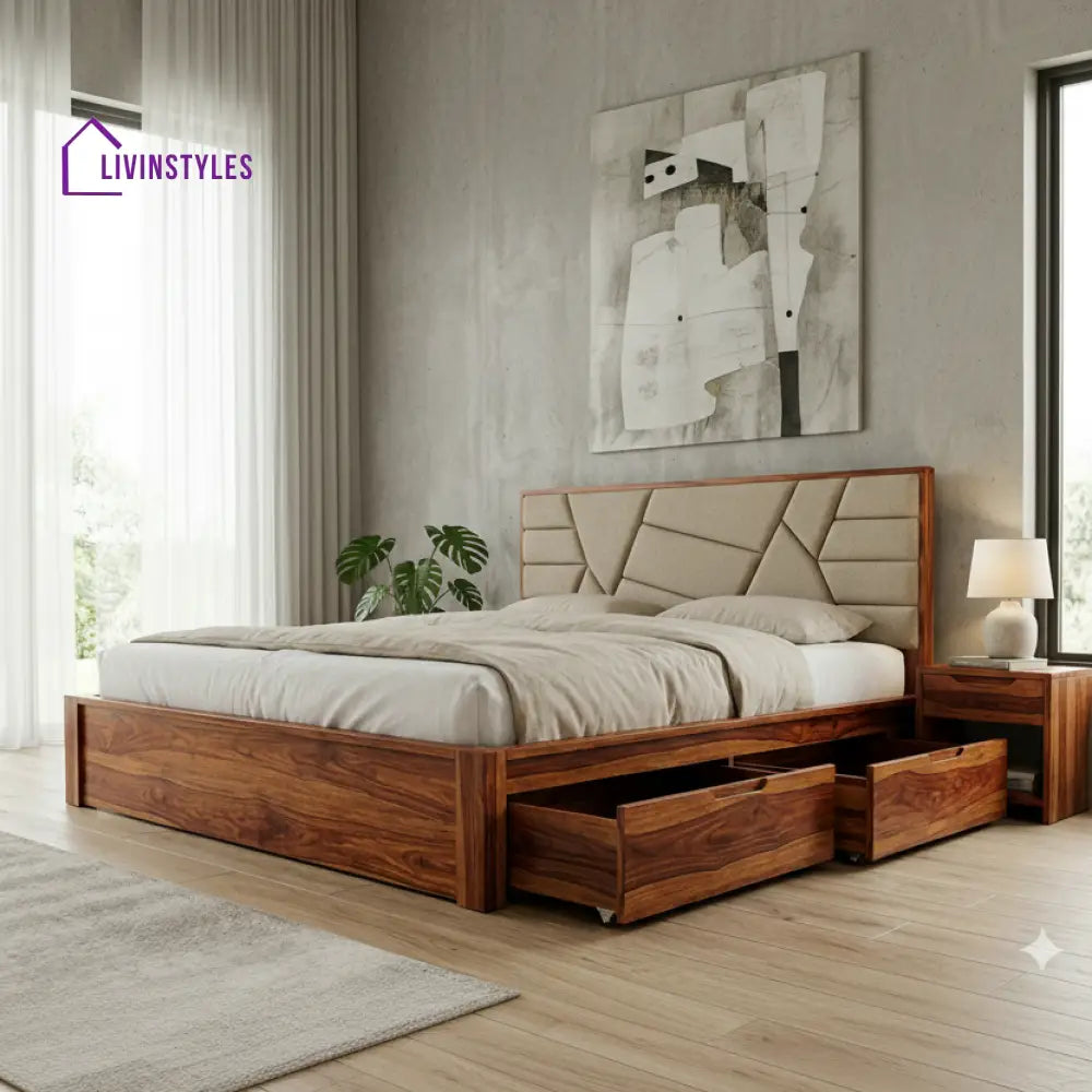 Kaius Premium Sheesham Wood Bed with Fabric Headboard