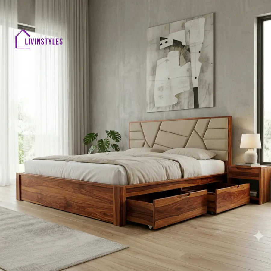 Kaius Premium Sheesham Wood Bed with Fabric Headboard