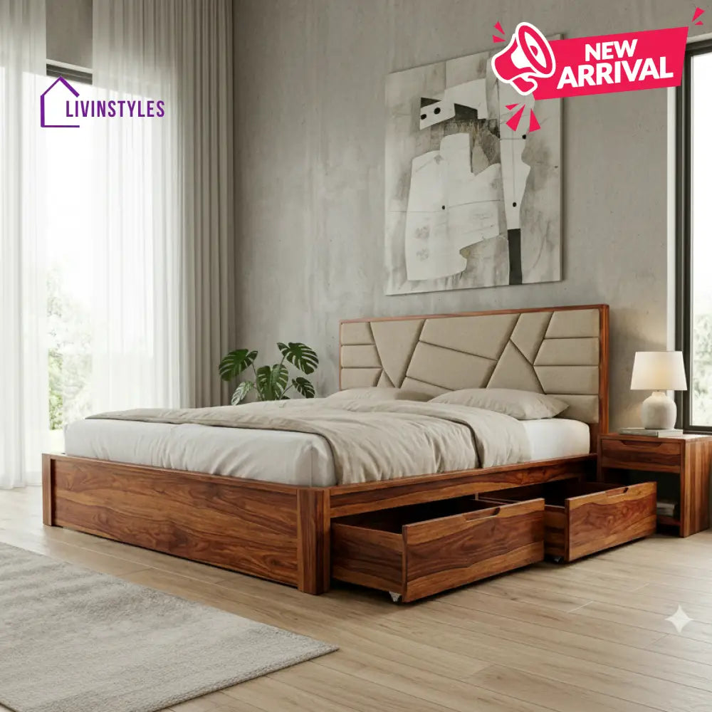 Kaius Premium Sheesham Wood Bed with Fabric Headboard