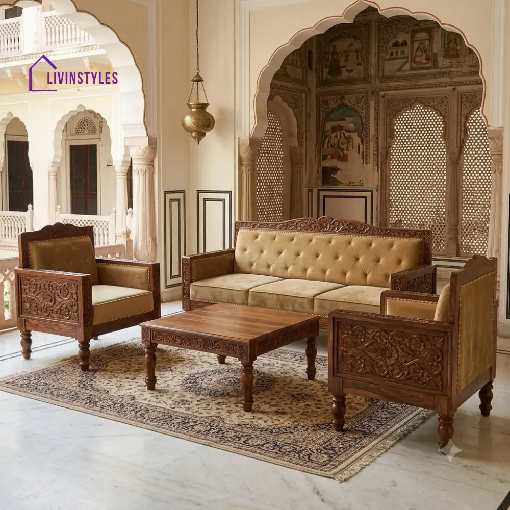 Kamakshi Wooden Sofa Set | 3 + 1 + 1 Sheesham Wood Sofa Set for Living Room