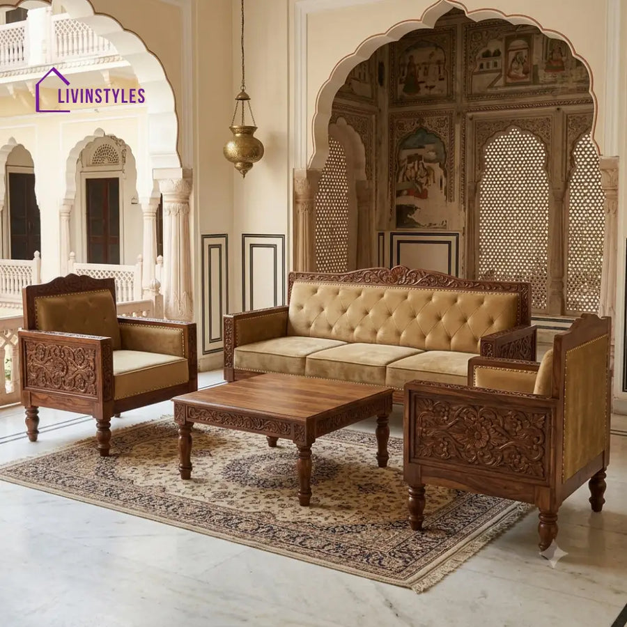 Kamakshi Wooden Sofa Set | 3 + 1 + 1 Sheesham Wood Sofa Set for Living Room