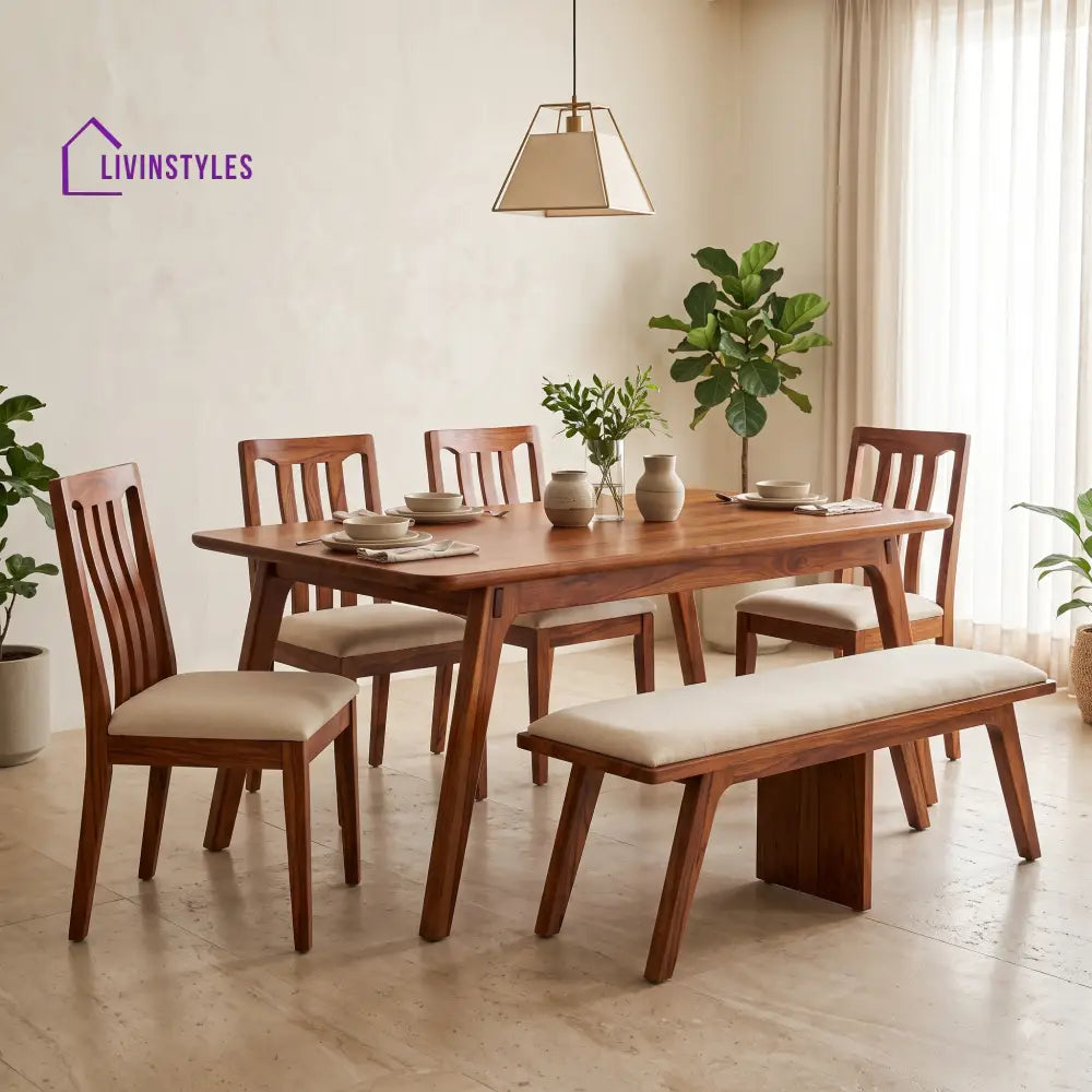 Kamsiyochukwu Wooden 6 Seater Dining Table Set | 4 Chairs and 1 Bench | Table 72 X 36 X 30 Inch
