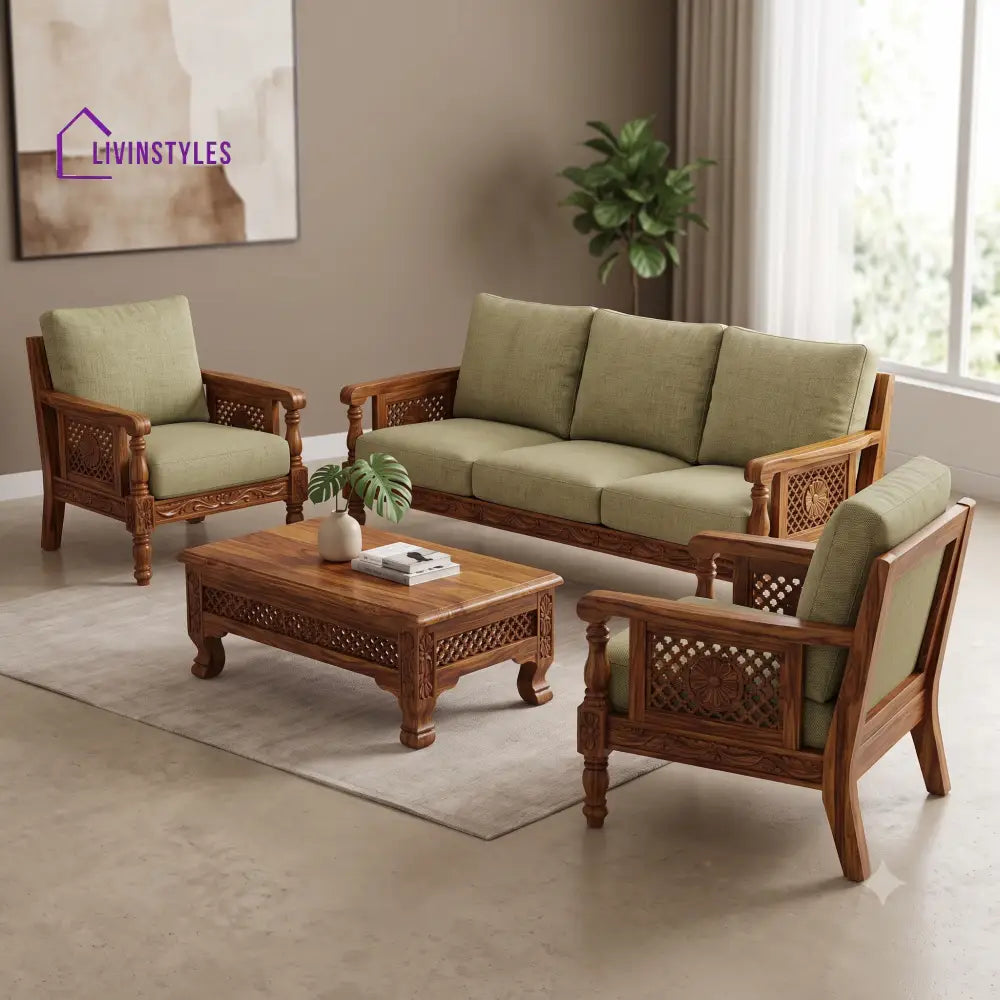 Kanchana Wooden Sofa Set | 3 + 1 + 1 Sheesham Wood Sofa Set for Living Room