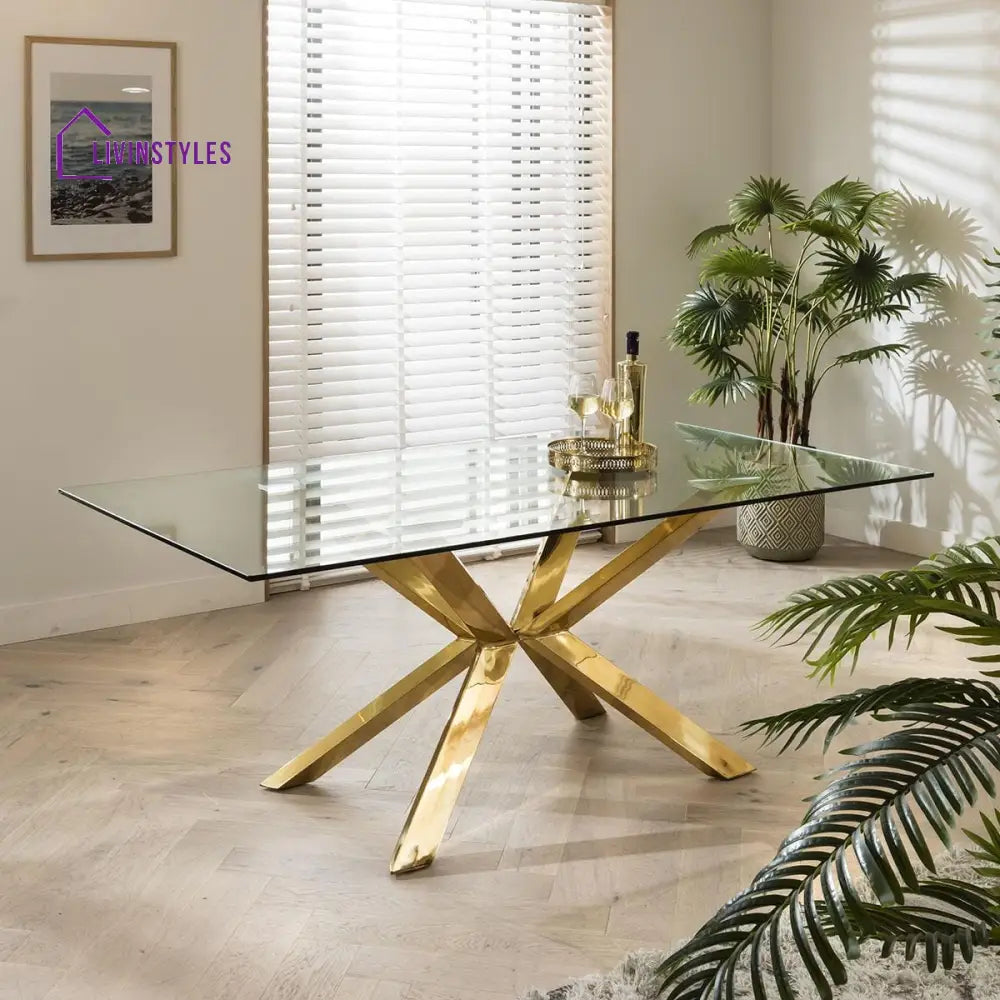 Kapitolina Gold Pedestal Glass Table & Cream Velvet Chairs - 6 Seater Dining Set Dining Room / Dining Sets