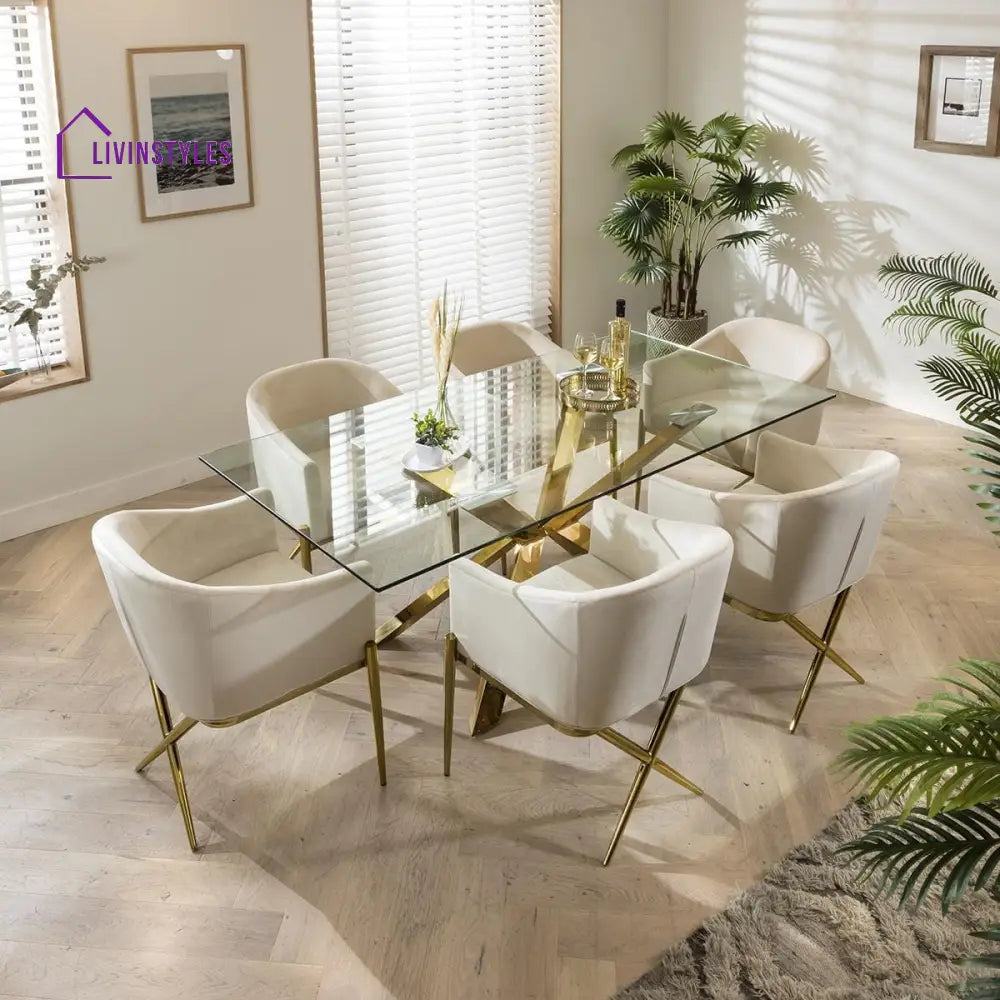 Kapitolina Gold Pedestal Glass Table & Cream Velvet Chairs - 6 Seater Dining Set Dining Room / Dining Sets
