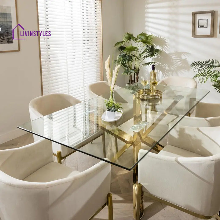 Kapitolina Gold Pedestal Glass Table & Cream Velvet Chairs - 6 Seater Dining Set Dining Room / Dining Sets