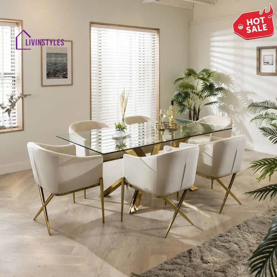 Kapitolina Gold Pedestal Glass Table & Cream Velvet Chairs - 6 Seater Dining Set Dining Room / Dining Sets