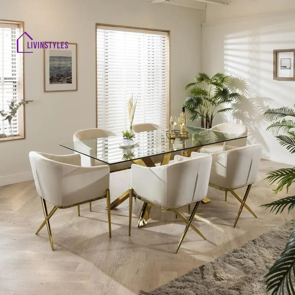 Kapitolina Gold Pedestal Glass Table & Cream Velvet Chairs - 6 Seater Dining Set Dining Room / Dining Sets