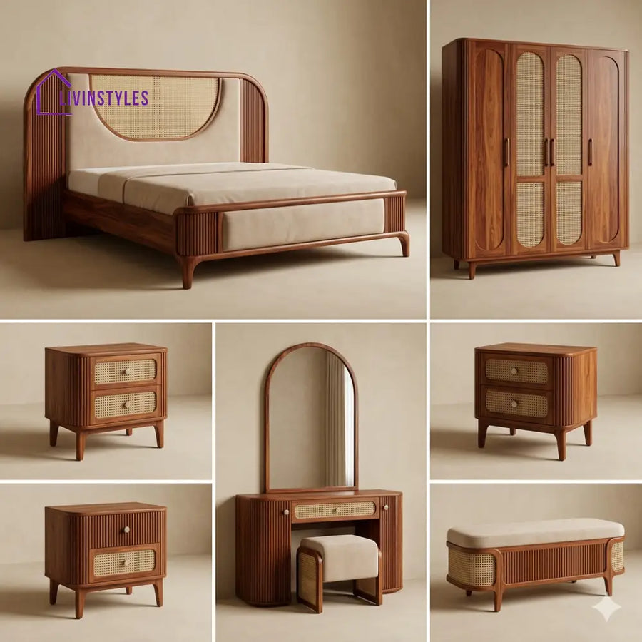 Karan Solid Sheesham Wood Bedroom Set with Bed Bedside Tables Bench Wardrobe & Dresser