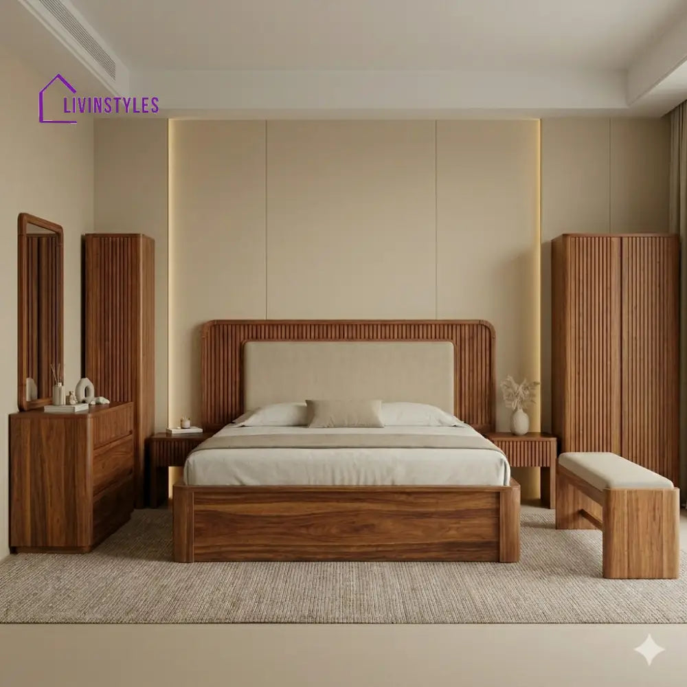 Karan Solid Sheesham Wood Bedroom Set with Bed Bedside Tables Bench Wardrobe & Dresser