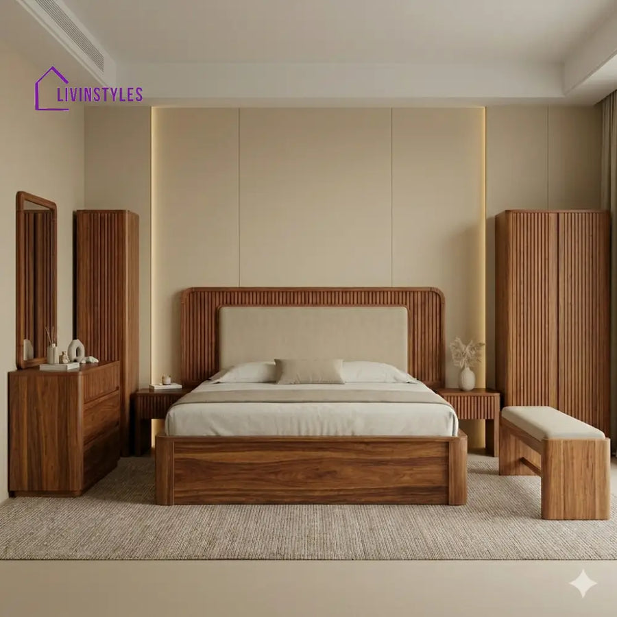 Karan Solid Sheesham Wood Bedroom Set with Bed Bedside Tables Bench Wardrobe & Dresser