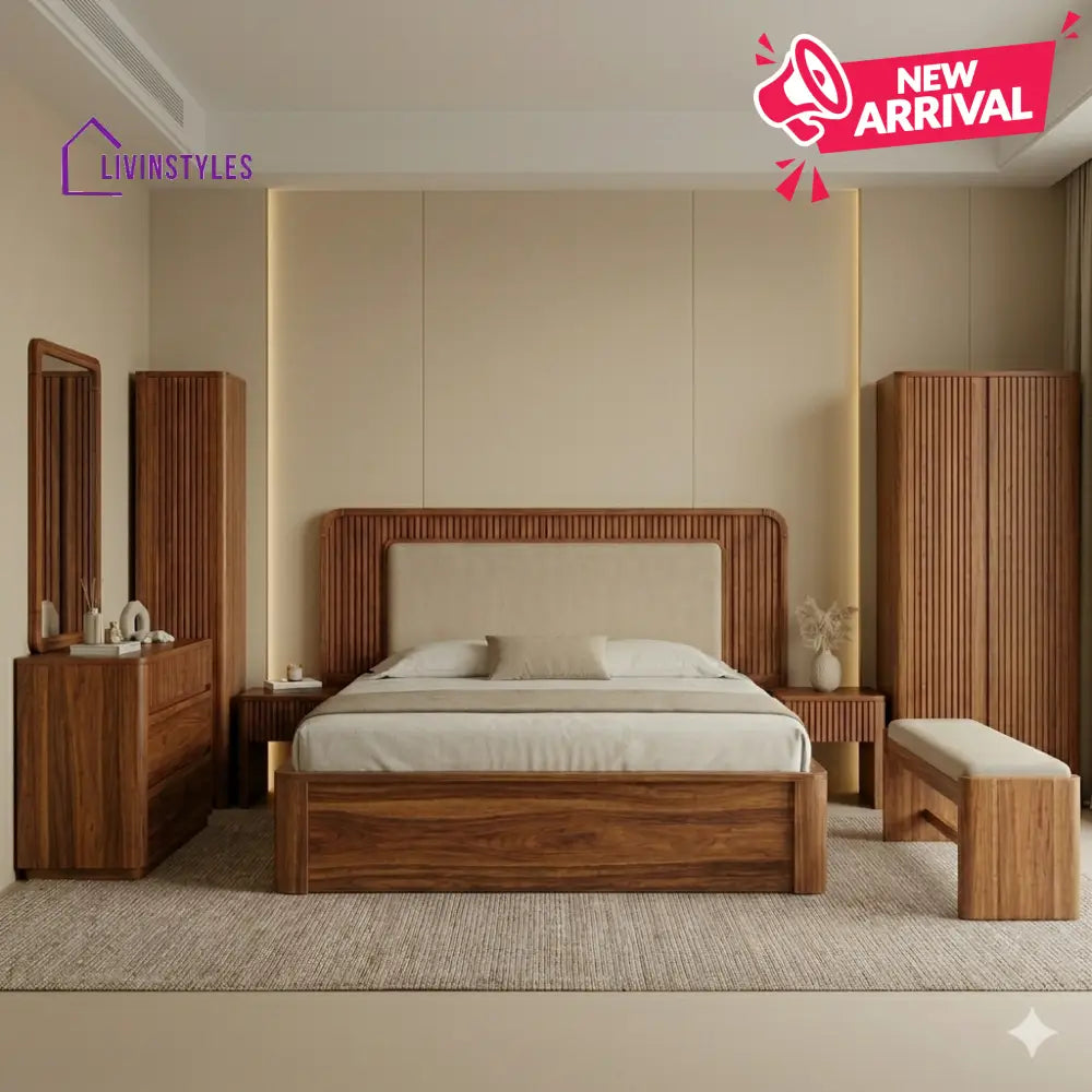 Karan Solid Sheesham Wood Bedroom Set with Bed Bedside Tables Bench Wardrobe & Dresser