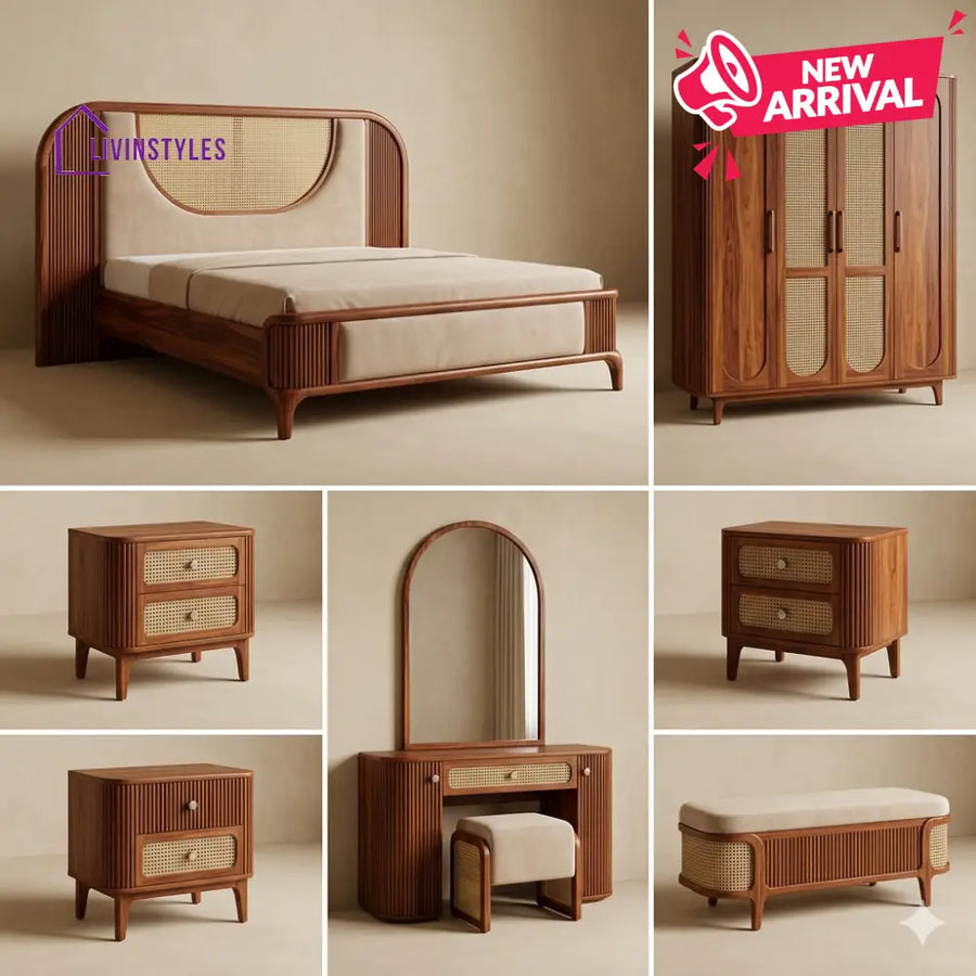 Karan Solid Sheesham Wood Bedroom Set with Bed Bedside Tables Bench Wardrobe & Dresser