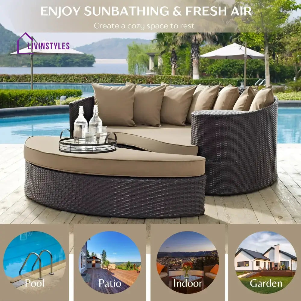 Karola Outdoor Rattan Wicker Daybed (Dark Brown & Beige) - Daybed