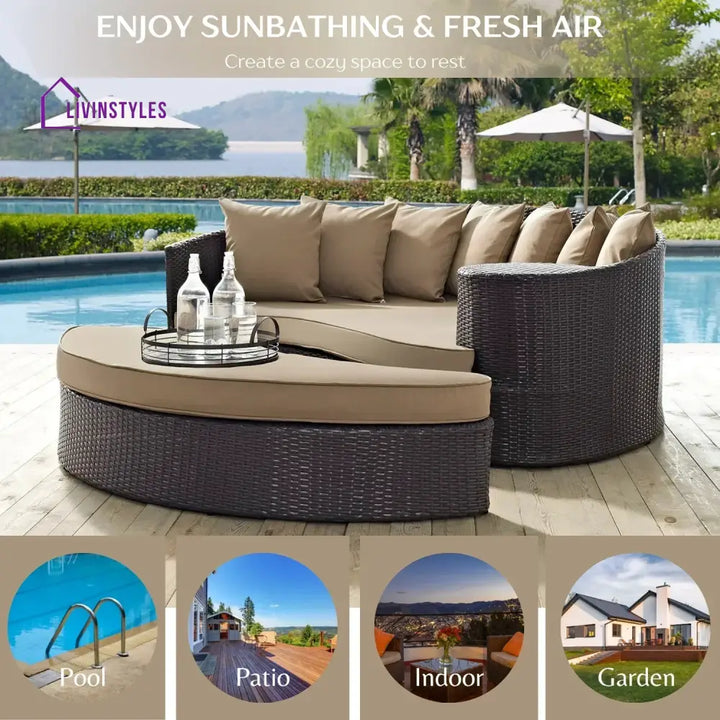 Karola Outdoor Rattan Wicker Daybed (Dark Brown & Beige) - Daybed