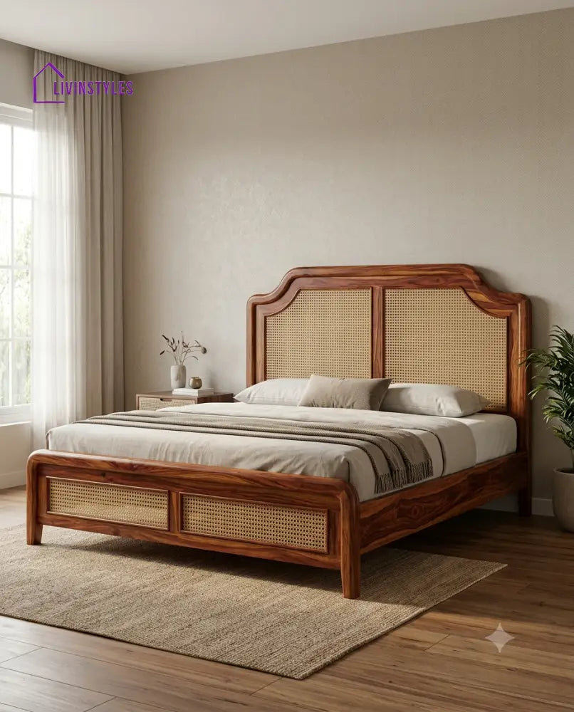 Karthik Wooden Bed with Cane Weaving Headboard Design | Bed without Storage