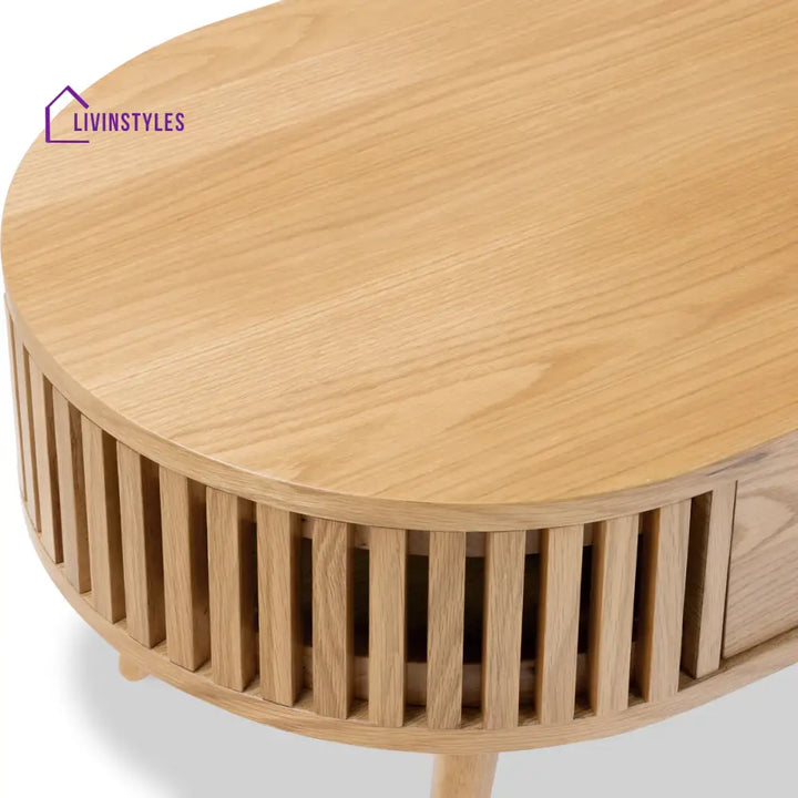 Kartik Mid Century Modern Oval Coffee Table with Storage Drawer Natural Mango Wood Slatted Design | Stylish Living Room