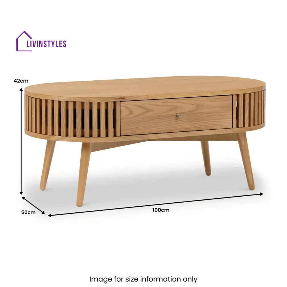 Kartik Mid Century Modern Oval Coffee Table with Storage Drawer Natural Mango Wood Slatted Design | Stylish Living Room
