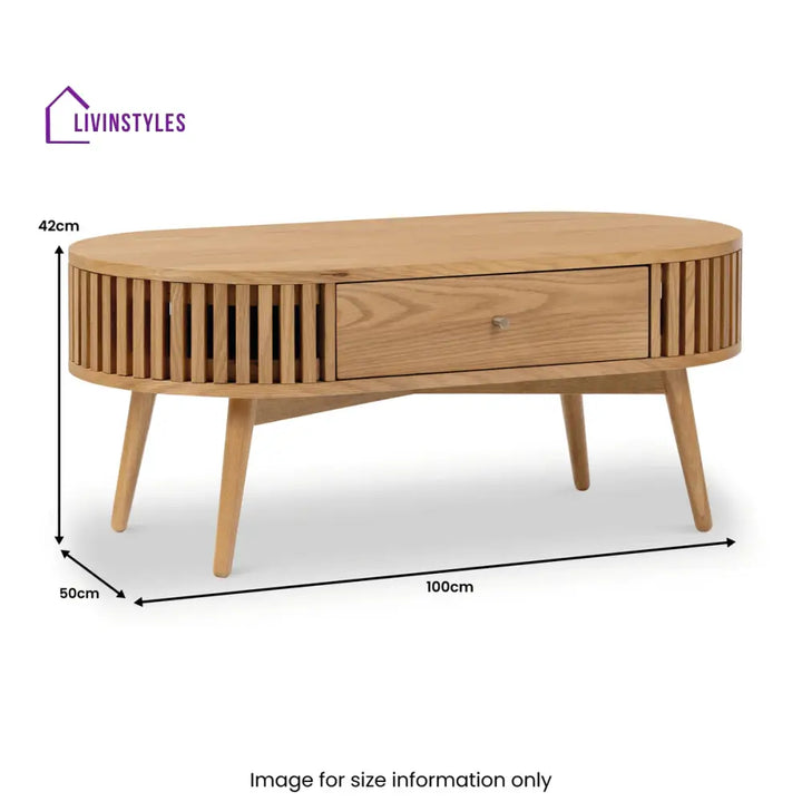 Kartik Mid Century Modern Oval Coffee Table with Storage Drawer Natural Mango Wood Slatted Design | Stylish Living Room