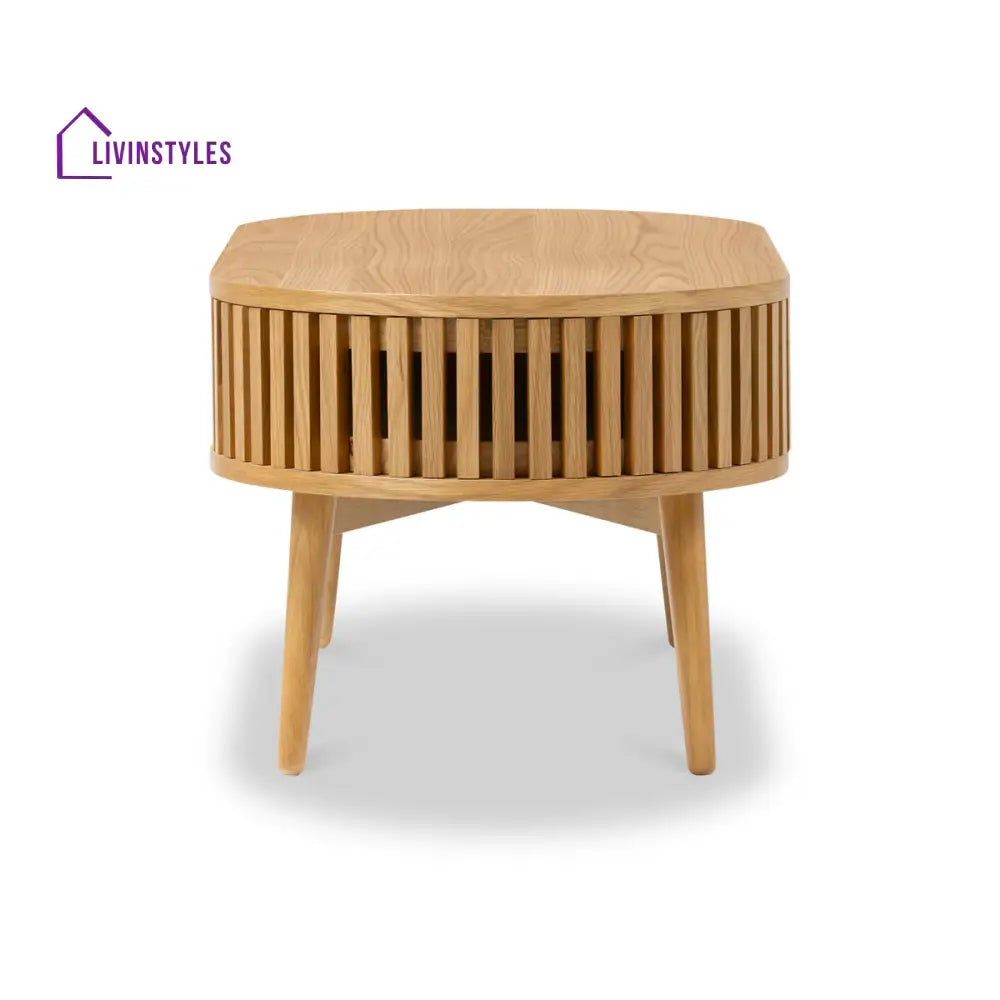 Kartik Mid Century Modern Oval Coffee Table with Storage Drawer Natural Mango Wood Slatted Design | Stylish Living Room