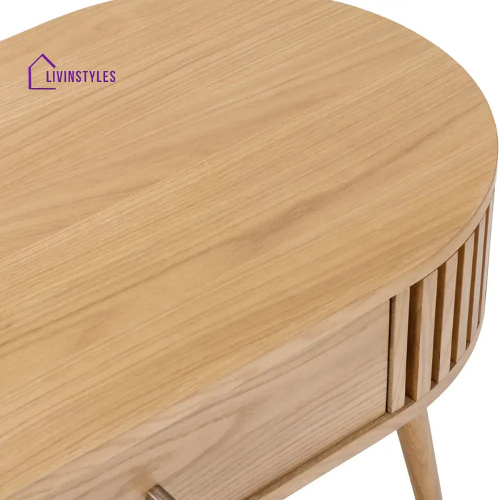 Kartik Mid Century Modern Oval Coffee Table with Storage Drawer Natural Mango Wood Slatted Design | Stylish Living Room