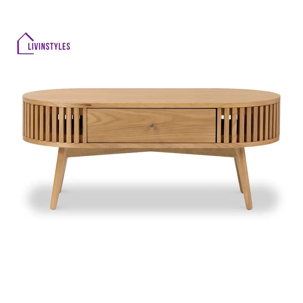 Kartik Mid Century Modern Oval Coffee Table with Storage Drawer Natural Mango Wood Slatted Design | Stylish Living Room