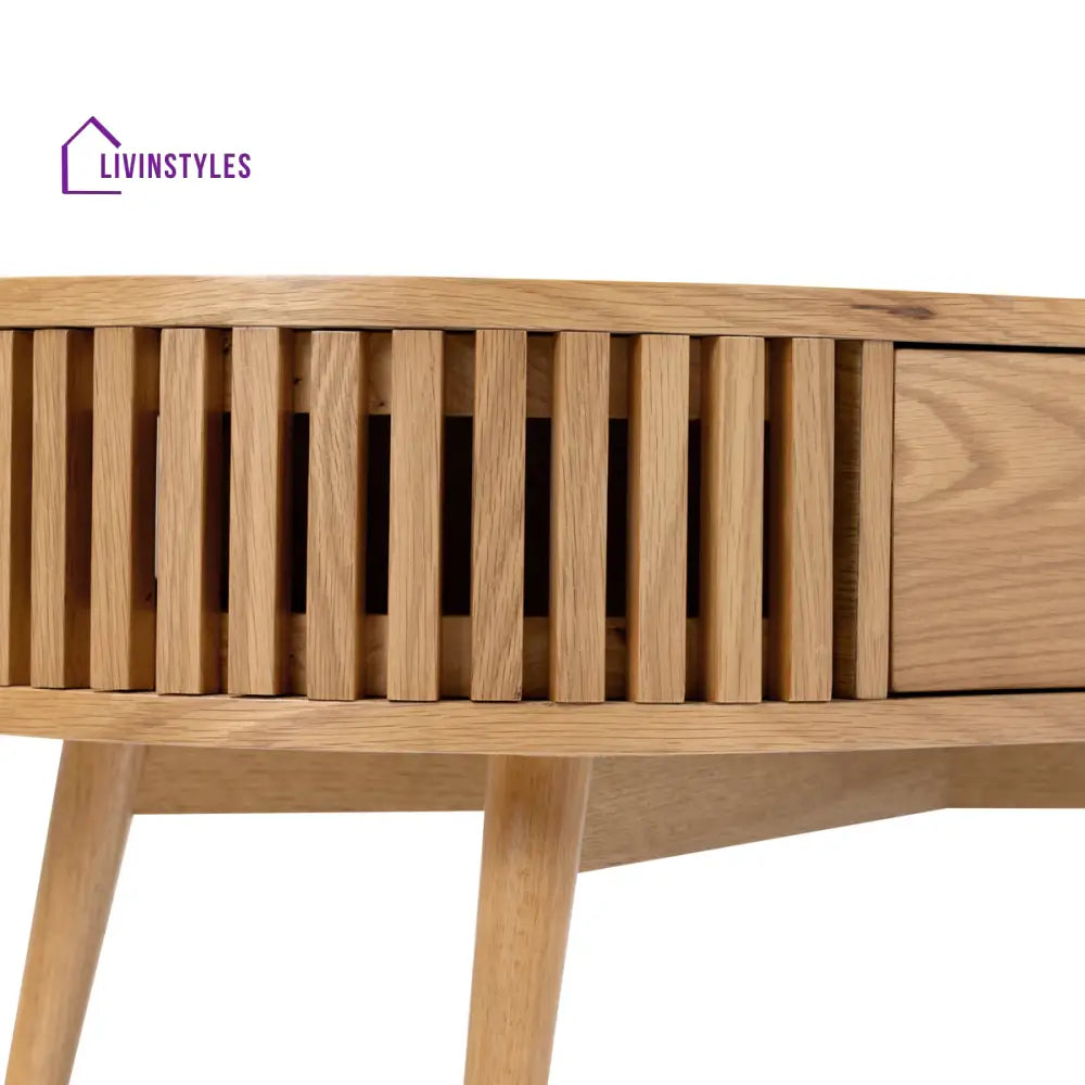 Kartik Mid Century Modern Oval Coffee Table with Storage Drawer Natural Mango Wood Slatted Design | Stylish Living Room