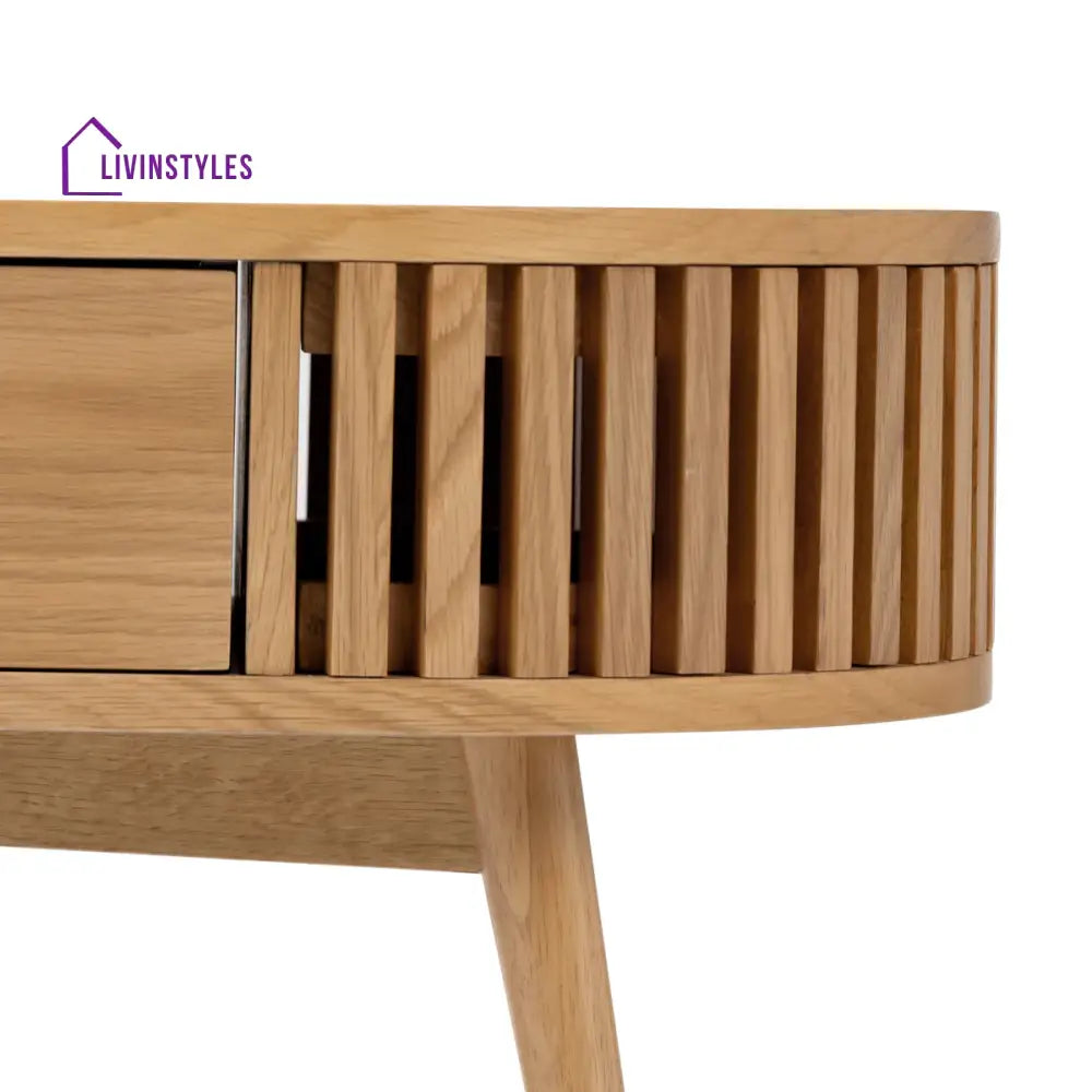 Kartik Mid Century Modern Oval Coffee Table with Storage Drawer Natural Mango Wood Slatted Design | Stylish Living Room