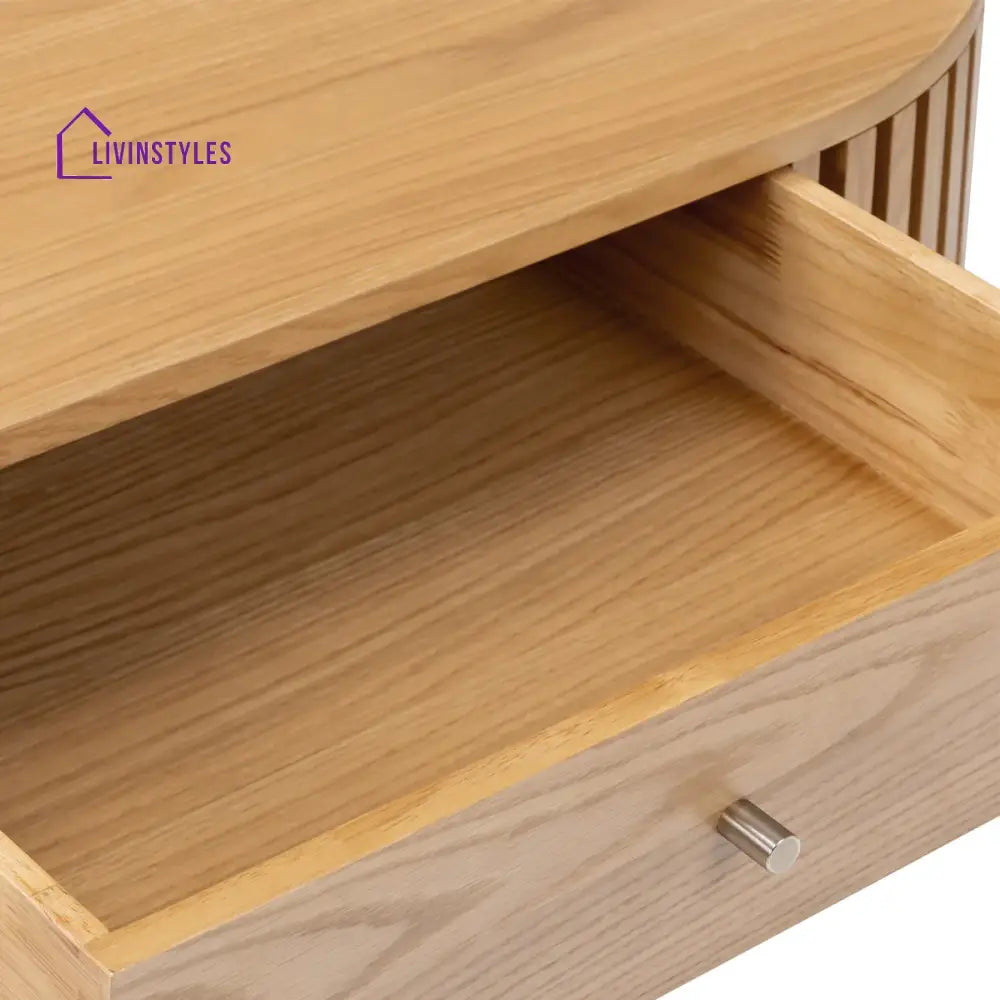 Kartik Mid Century Modern Oval Coffee Table with Storage Drawer Natural Mango Wood Slatted Design | Stylish Living Room