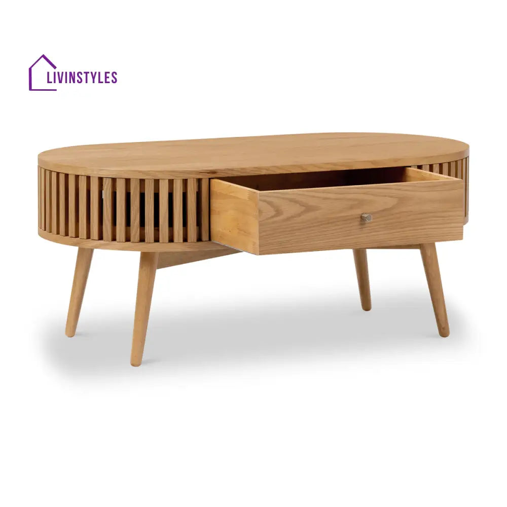 Kartik Mid Century Modern Oval Coffee Table with Storage Drawer Natural Mango Wood Slatted Design | Stylish Living Room