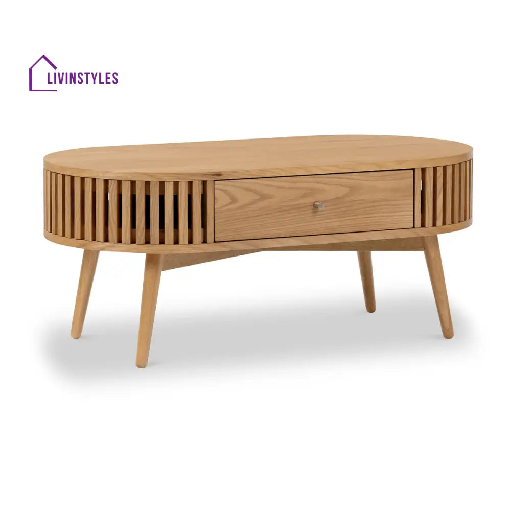 Kartik Mid Century Modern Oval Coffee Table with Storage Drawer Natural Mango Wood Slatted Design | Stylish Living Room