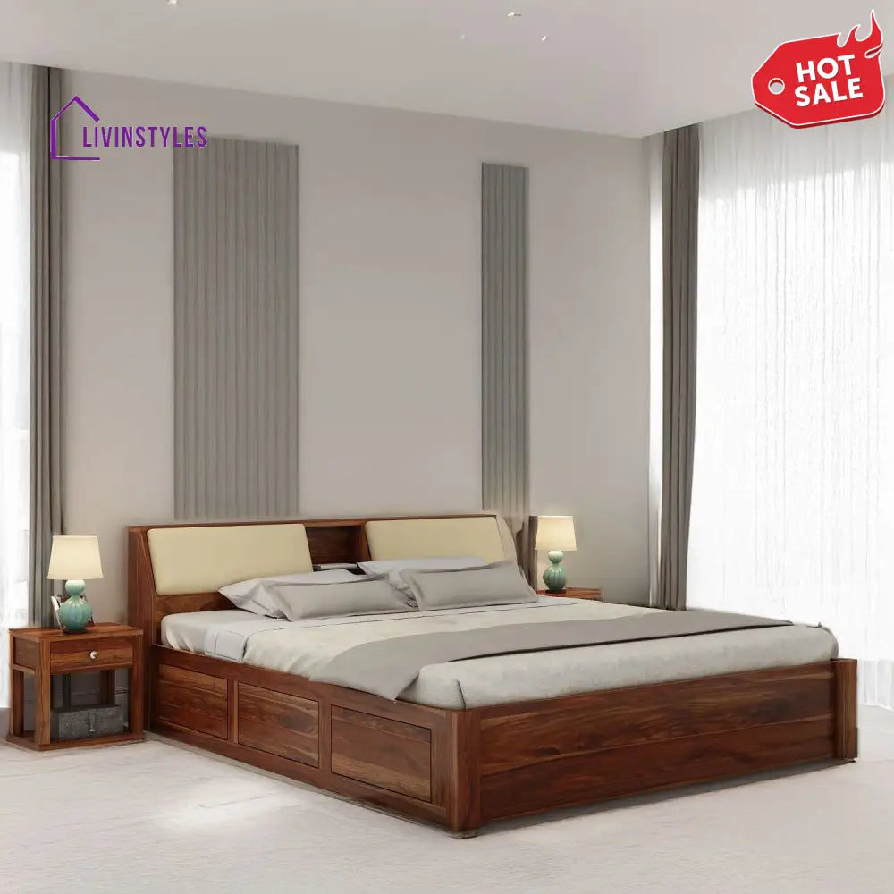 Karuna Solid Sheesham Wood Bed With Box Storage (King Size Honey Finish)