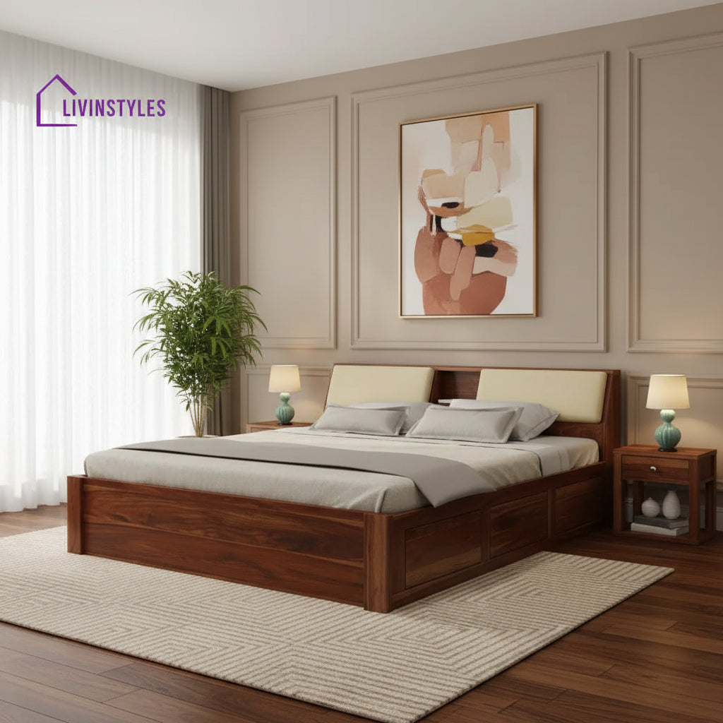 Karuna Solid Sheesham Wood Bed With Box Storage (King Size Honey Finish)