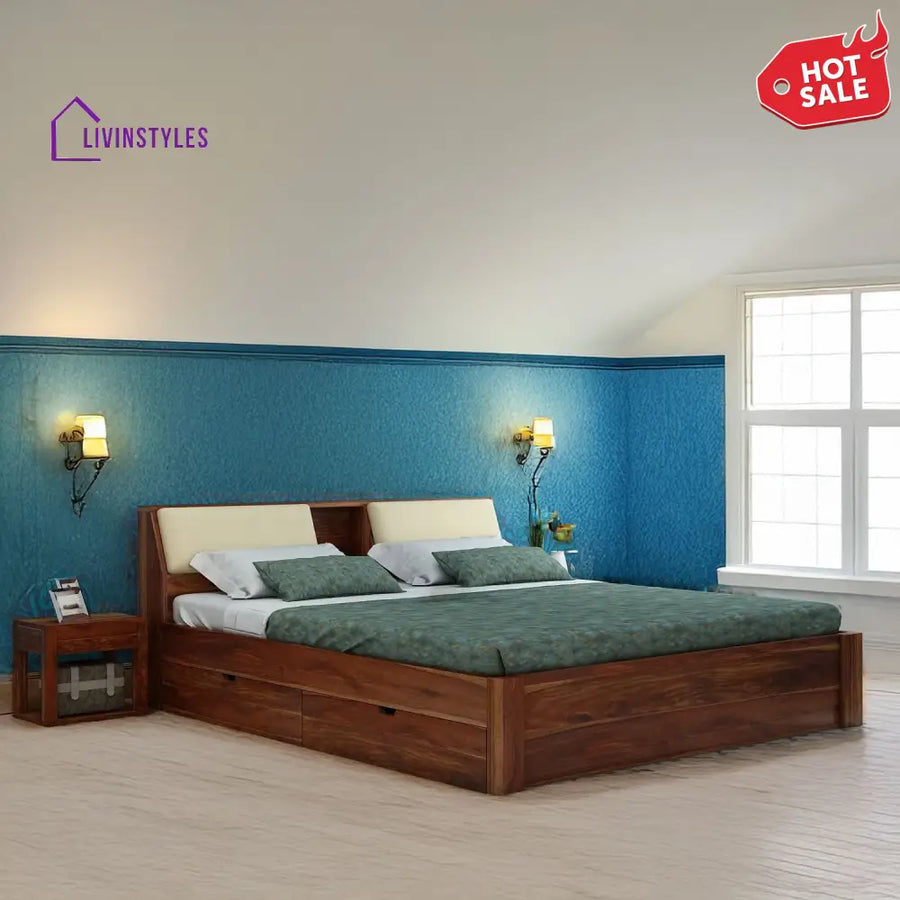 Karuna Solid Sheesham Wood Bed With Four Drawers (King Size Honey Finish)