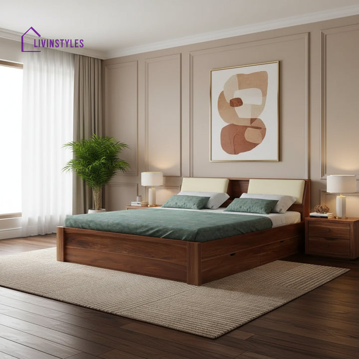 Karuna Solid Sheesham Wood Bed With Four Drawers (King Size Honey Finish)