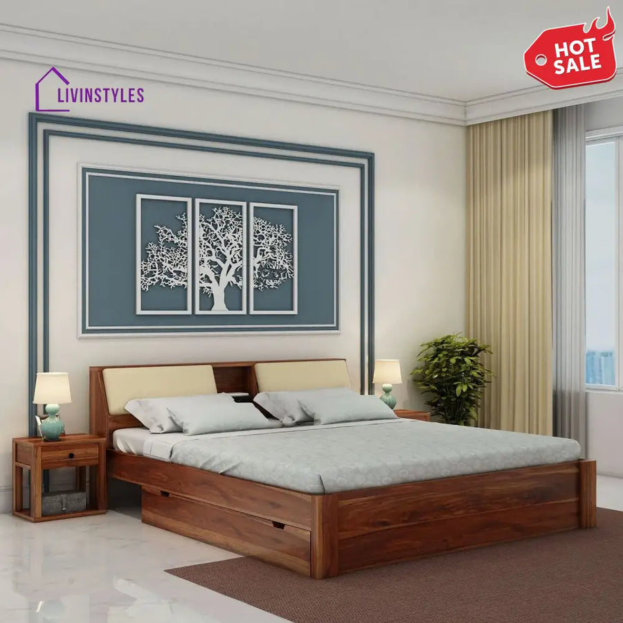 Karuna Solid Sheesham Wood Bed With Two Drawers (King Size Honey Finish)