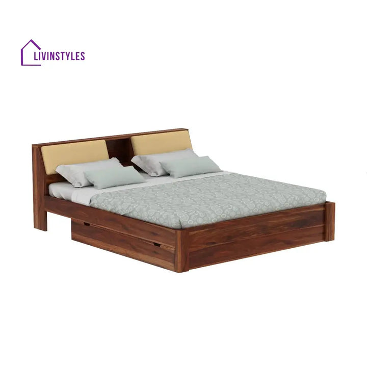 Karuna Solid Sheesham Wood Bed With Two Drawers (King Size Honey Finish)