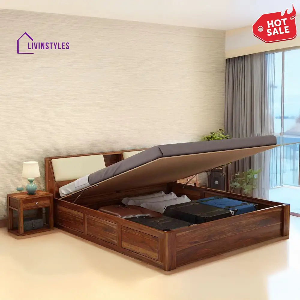 Karuna Solid Sheesham Wood Hydraulic Bed With Box Storage (King Size Honey Finish)
