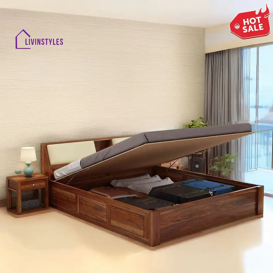 Karuna Solid Sheesham Wood Hydraulic Bed With Box Storage (King Size Honey Finish)