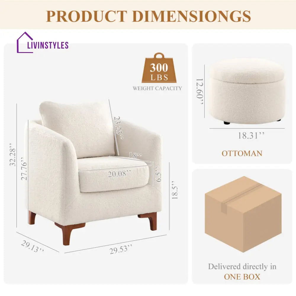Karvi Solid Wood and Fabric Arm Chair | Living Room Chair | Lounge Chair + Ottoman