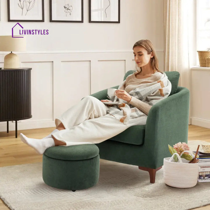 Karvi Solid Wood and Fabric Arm Chair | Living Room Chair | Lounge Chair + Ottoman
