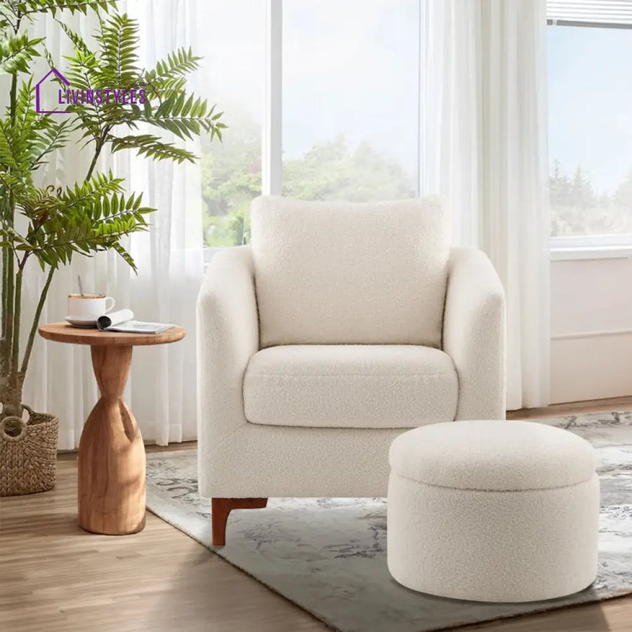 Karvi Solid Wood and Fabric Arm Chair | Living Room Chair | Lounge Chair + Ottoman