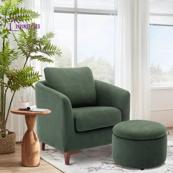 Karvi Solid Wood and Fabric Arm Chair | Living Room Chair | Lounge Chair + Ottoman