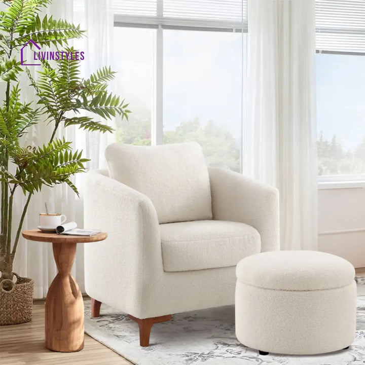 Karvi Solid Wood and Fabric Arm Chair | Living Room Chair | Lounge Chair + Ottoman